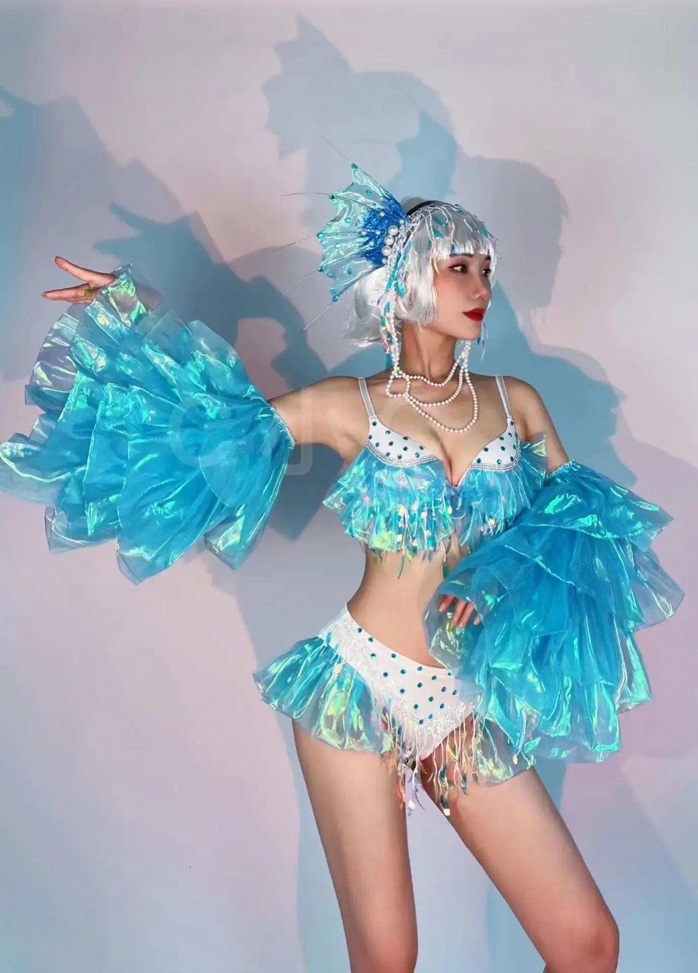 Female Dance Team Party Show Performance Mermaid Role Playing Costume Bar Big Sleeve Sequins Tassel Rhinestones Bikini Outfits