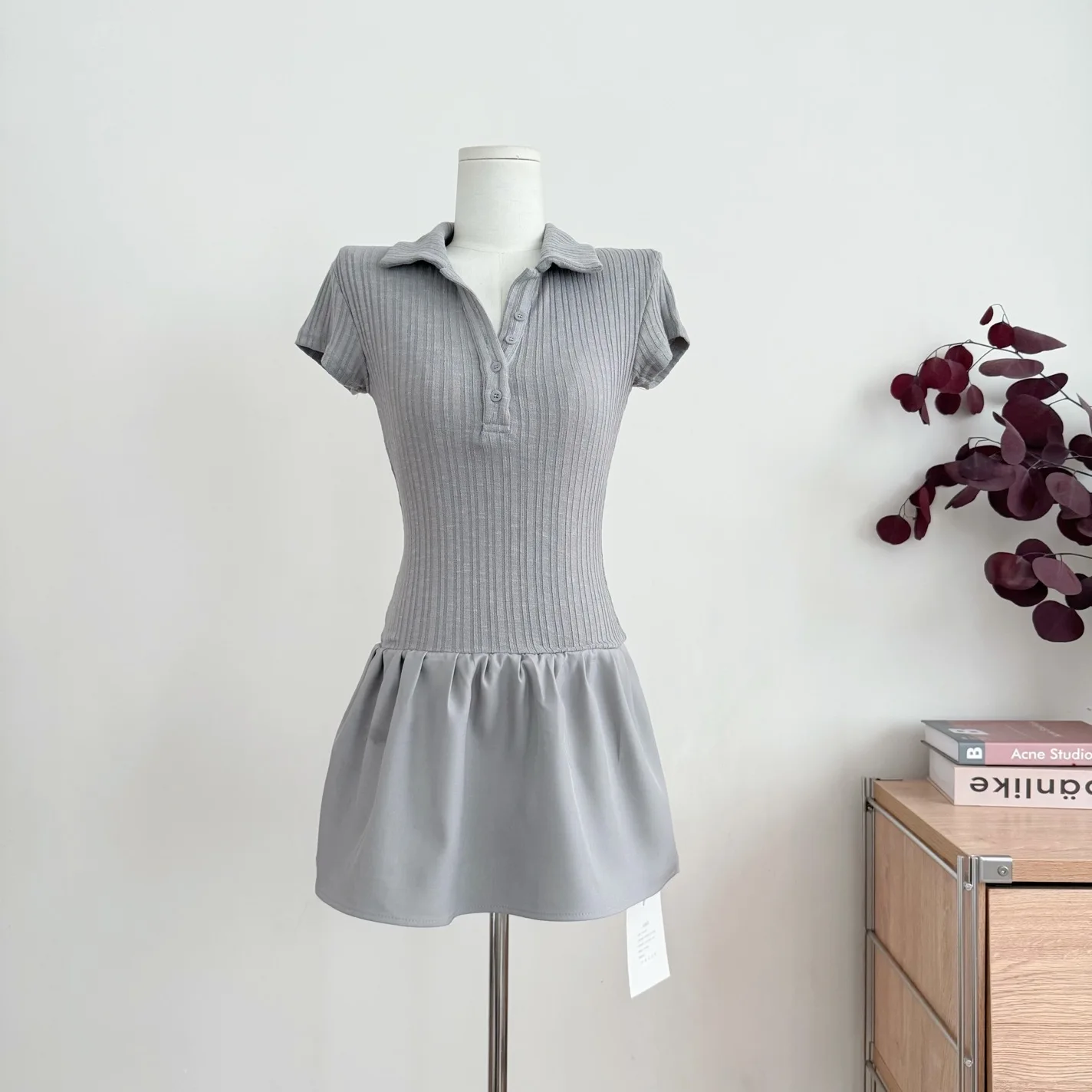 

MIU Miu Core Grey Knitted Polo Neck Mini Dress Y2K Revival Quilted Hem Bubble Dress Preppy Aesthetic Tennis Outfit TikTok f106