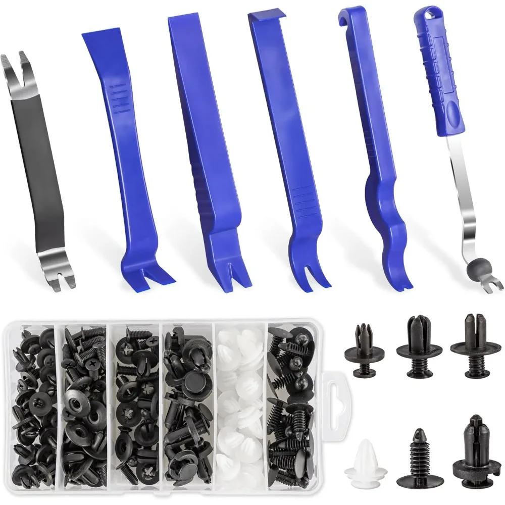 

100 шт. зажимы для фиксации автомобильного бампера и набор из 6 инструментов, синий набор для автоматического снятия обшивки для быстрого зажима