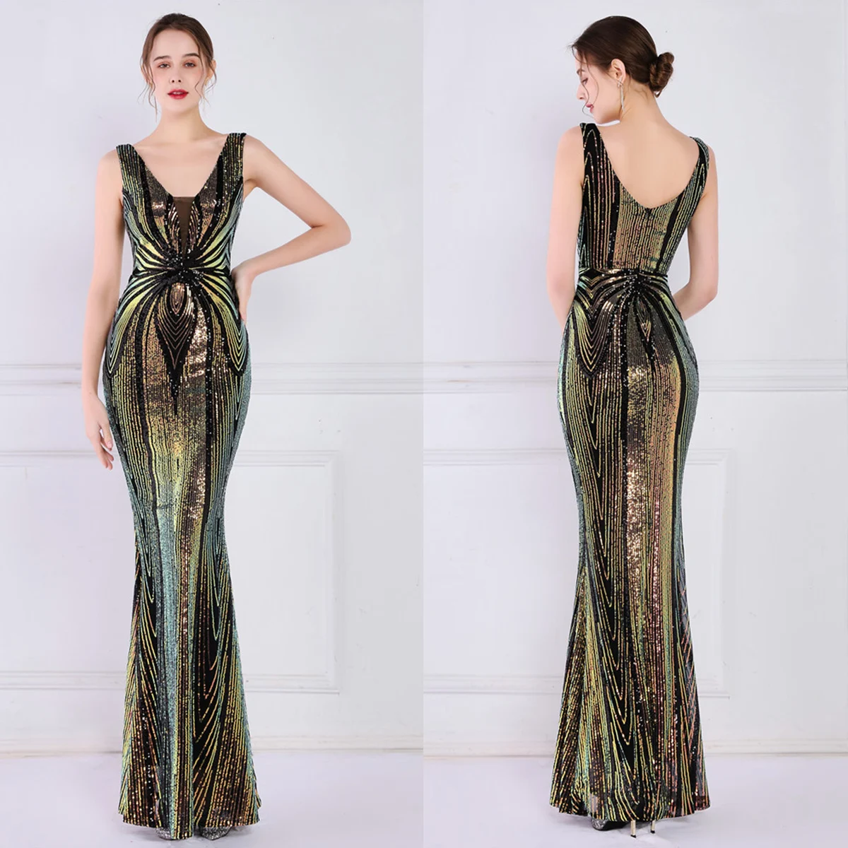 

Evening Dress Black Sequins V-neck Sleeveless Zipper Back Mermaid Trumpet Floor Length Women Party Formal Gown YE489