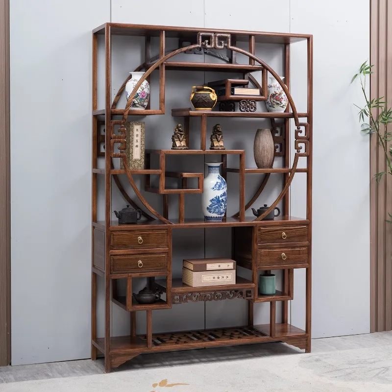 Round Bogu frame Solid wood Chinese Duobao Pavilion Display cabinet Tea set Partition Antique frame Jinhua pear 1.3 meters