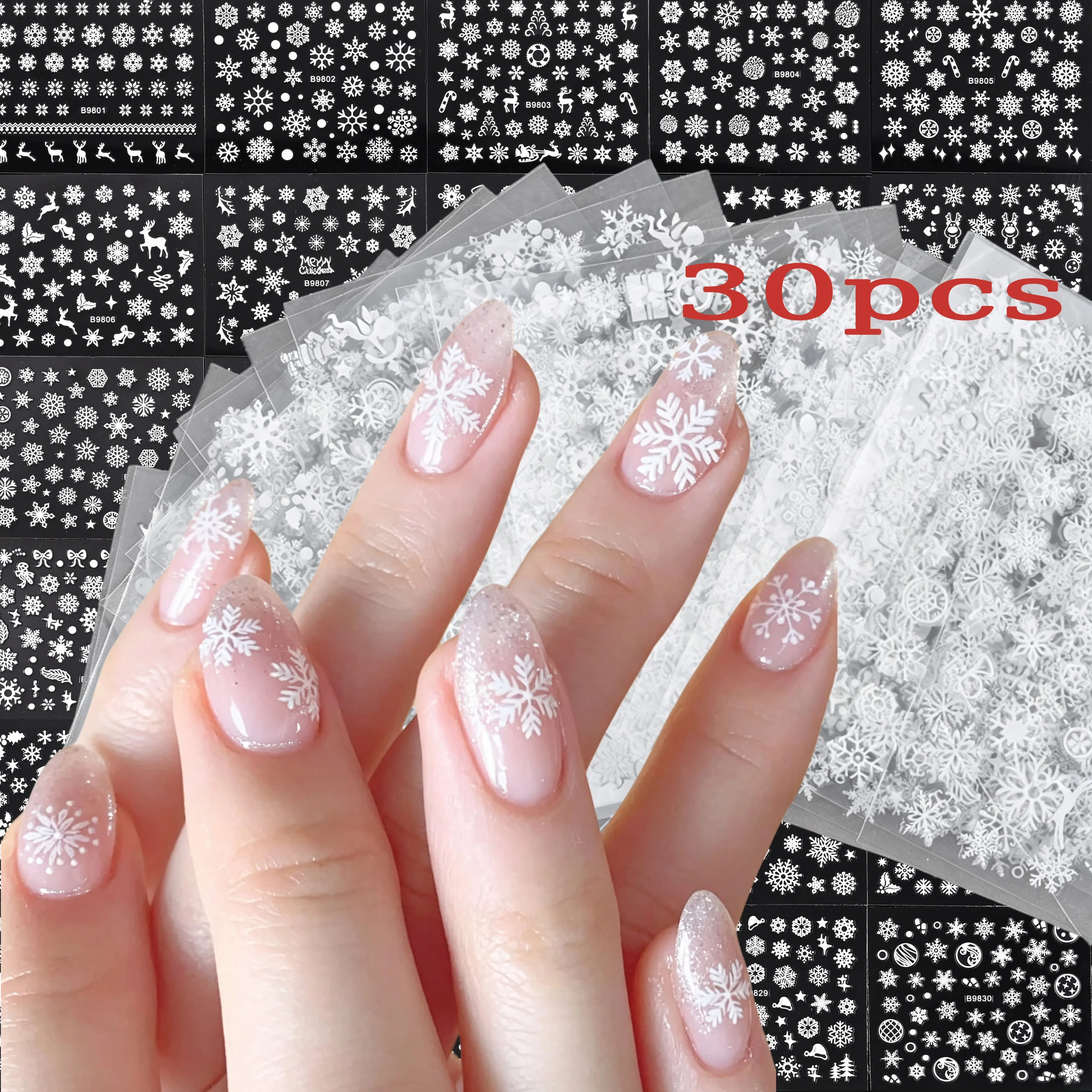 30Pcs Winter White Snowflake Nail Stickers 3D Multiple Snow Flake Elk Christmas Tree Adhesive Nail Decals Holiday Xmas Nail Deco