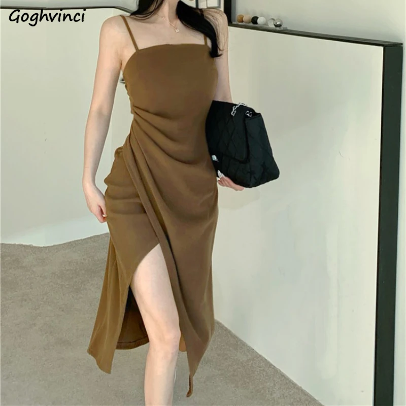 Front-slit Dresses Women Korean Fashion Defined Waist Spaghetti Strap Summer Streetwear Sexy Spicy Girls Popular Vestidos Y2k