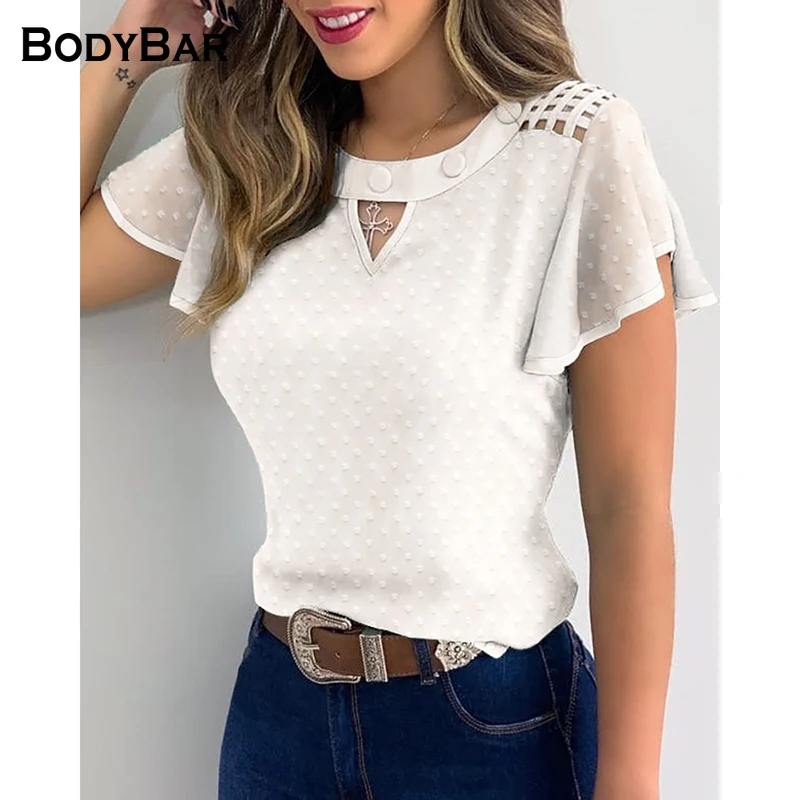 

White Hollow Top Oversized 2XL Mesh See-through T-shirt Elegant Embroidery Floral Pullover Casual Ladies Tops Short Sleeved Tees