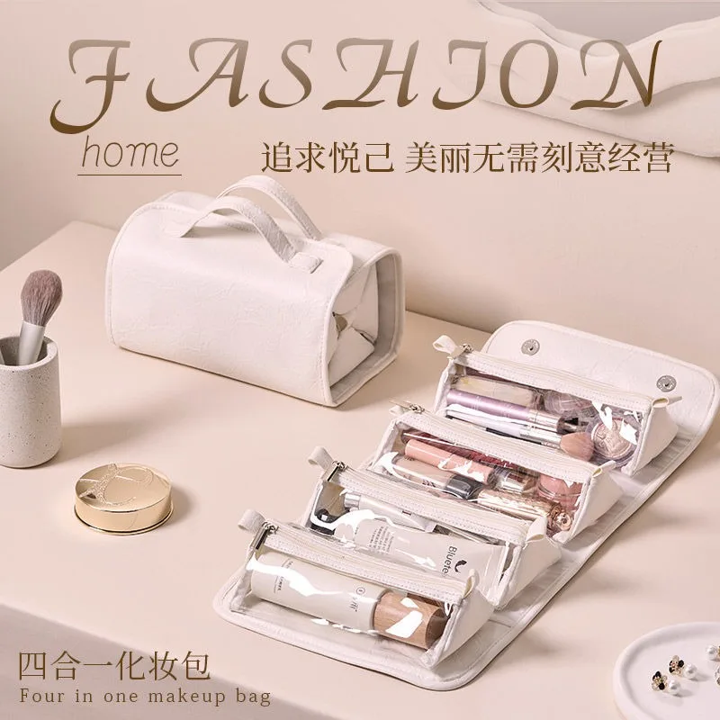 New in Solid Color Removable Folding Cosmetic Bag Large-capacity Storage Bag Women Portable Travel Out Portable Four-in-one