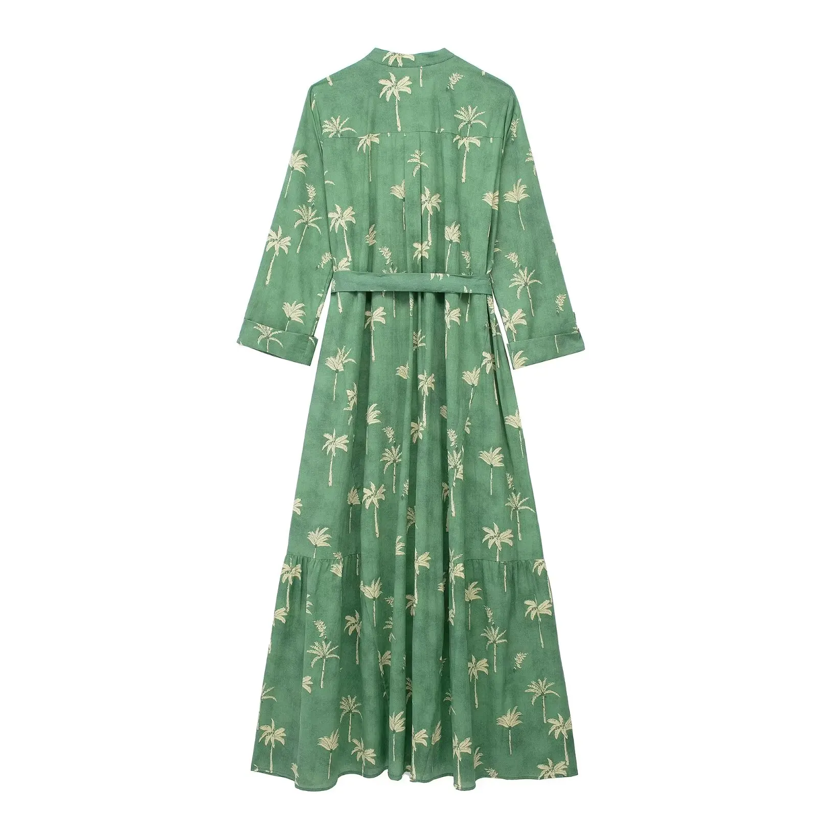 TRAF Green Print Shirt Dress Woman Belt Ruffle Long Dresses for Women Summer Beach Midi Dress Women Long Sleeve Female Dress