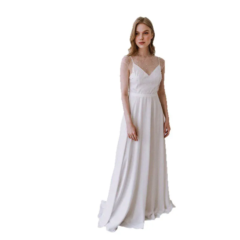 Hochzeitskleid im europäischen und amerikanischen Außenhandelsstil, Abendkleid, Rundhalsausschnitt, Perlen-Mesh, schlankmachend