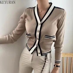 2023 Spring Autumn Striped Sweater Women Korean Fashion V-neck Slim Fit Long-sleeved Crop Top Knitted Cardigan Jacket Women Y2k