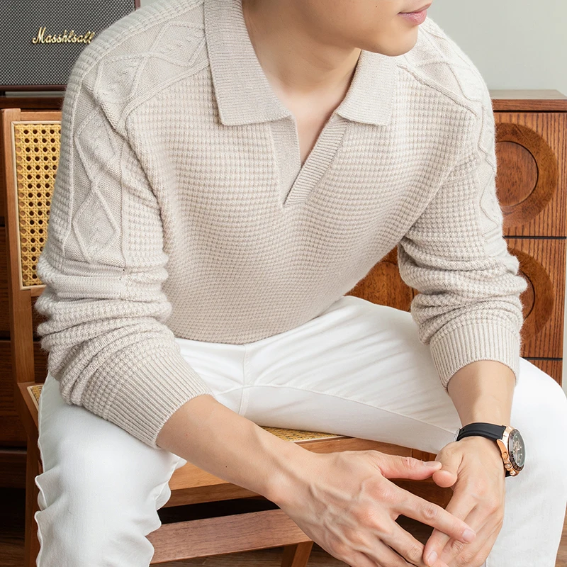 High end knitted men's solid color sweater fashion luxury jacquard 2026 autumn new warm soft Korean casual Unique lapel pullover
