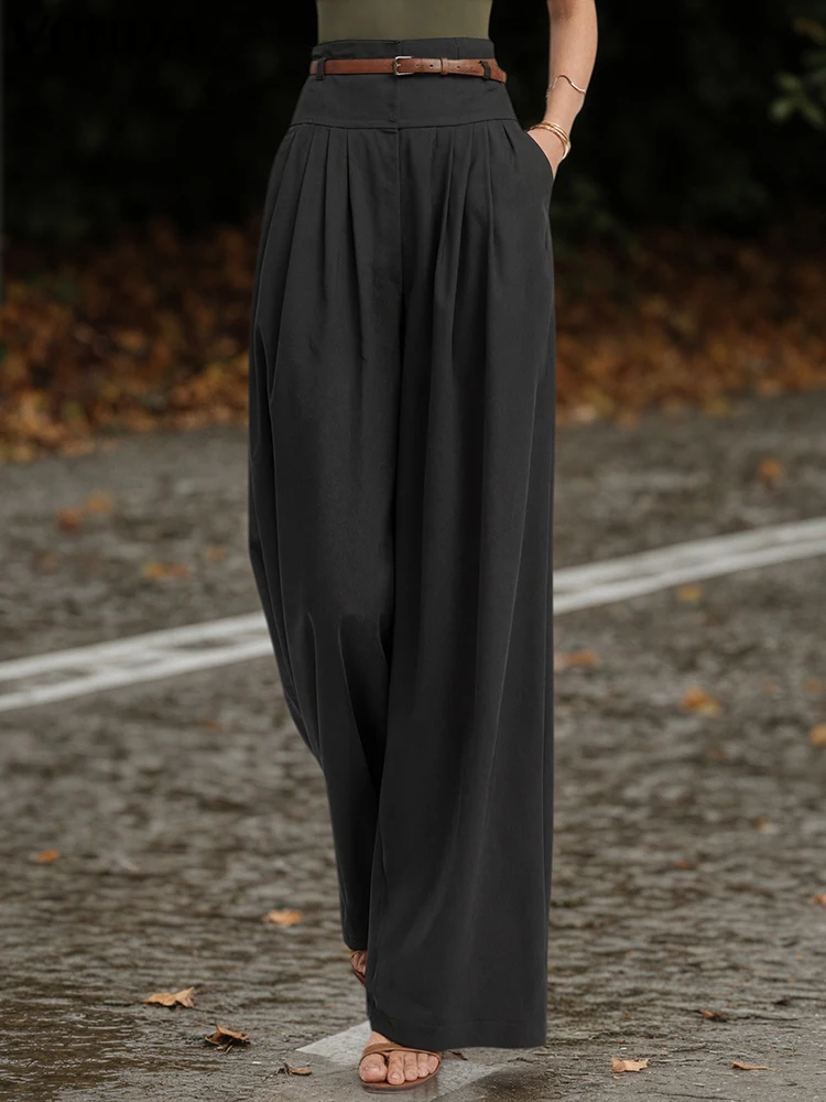 

VONDA Autumn Women Fashion Wide Leg Pants High Waist Solid Long Trousers 2025 Casual Pleated Elegant OL Office Lady Pantalons
