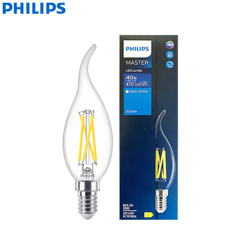 フィリップス-マスター-led-キャンドル-e14-フィラメント電球-34w（＝40w）ba35-クラシック電球-220-240v-調光機能付き-暖色系の白色装飾照明