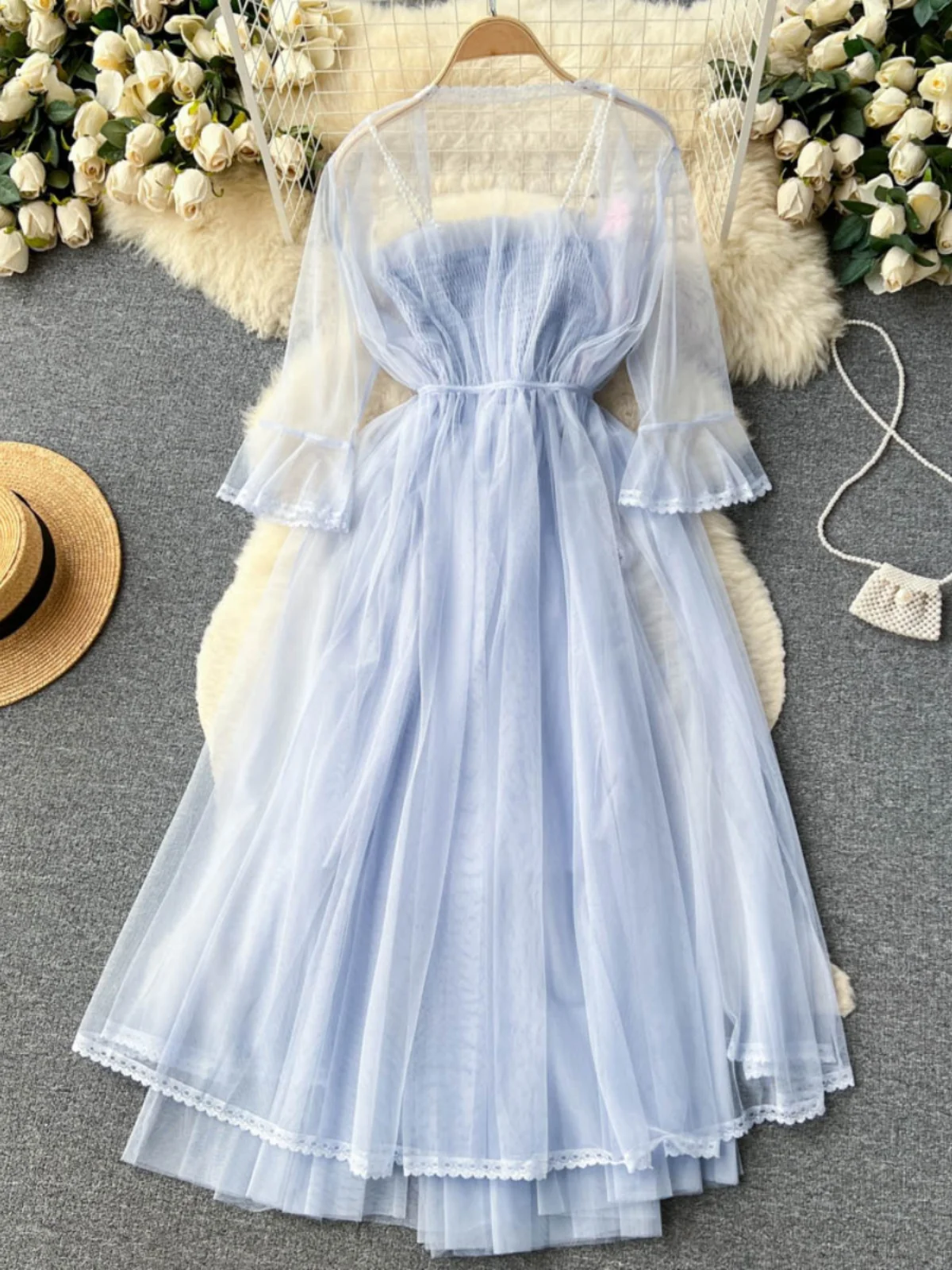 Women Fashiona Sexy Mesh Suspender A-line Pleat Chiffon Dress+sunscreen Cardigan Suits Party Vacation Midi Dresses Vestidos