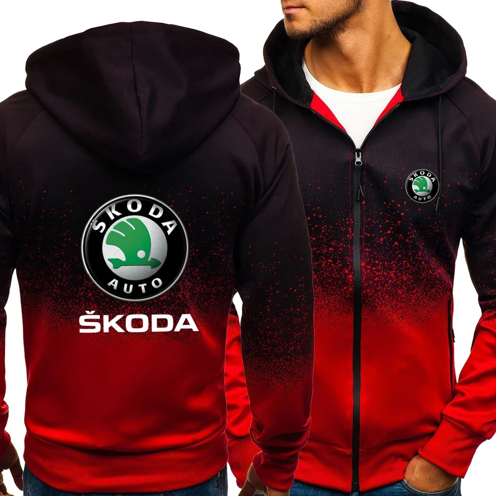 Hoodie Logo Skoda pria, jaket ritsleting hoodie kasual HipHop Harajuku warna gradien bulu domba musim semi musim gugur