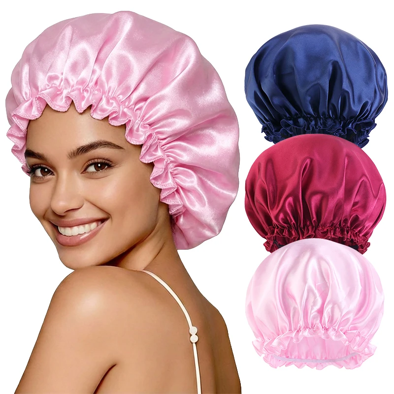 3-teiliges Set Satin-Schlafhauben für Damen, Elastische Schlafmütze, Wasserdichte Duschhaube, Nachtmütze zur Haarpflege – Detail 3