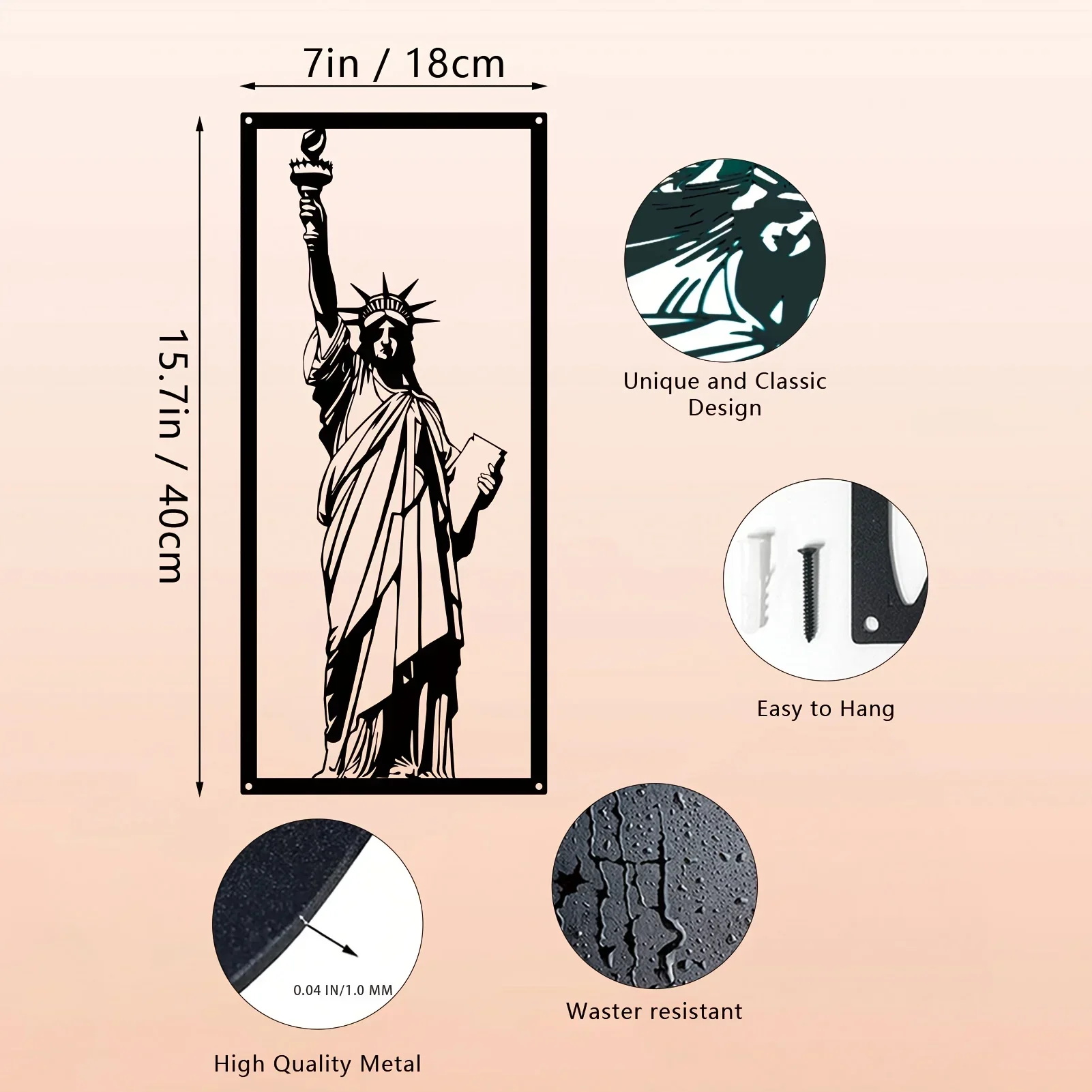 HELLOYOUNG  Statue Of Liberty Metal Wall Art Framed Wall Decoration Neoclassical Style Decoration for Bedroom Office Sofa Backgr