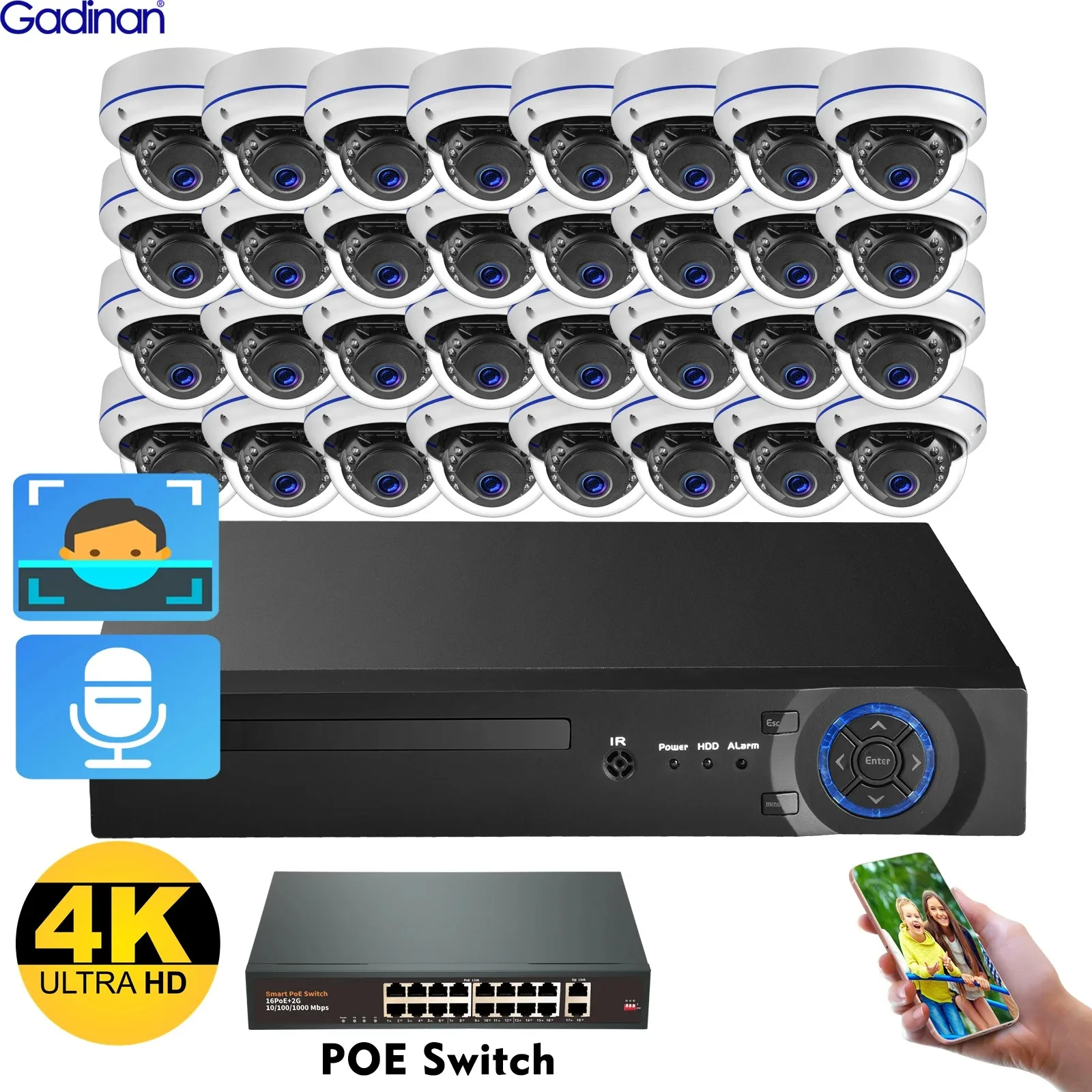 gadinan kit sistema de seguranca nvr camera dome 4k ip cctv audio 32ch face detect conjunto de vigilancia p2p poe video xmeye app 8mp 4mp 01