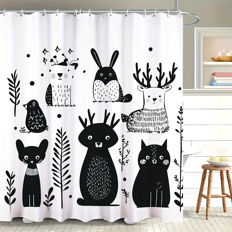 防水で可愛い森の動物柄シャワーカーテン、バスルーム装飾、ボヘミアンフォレストプリント、自然ジャングルスタイルシャワーカーテン