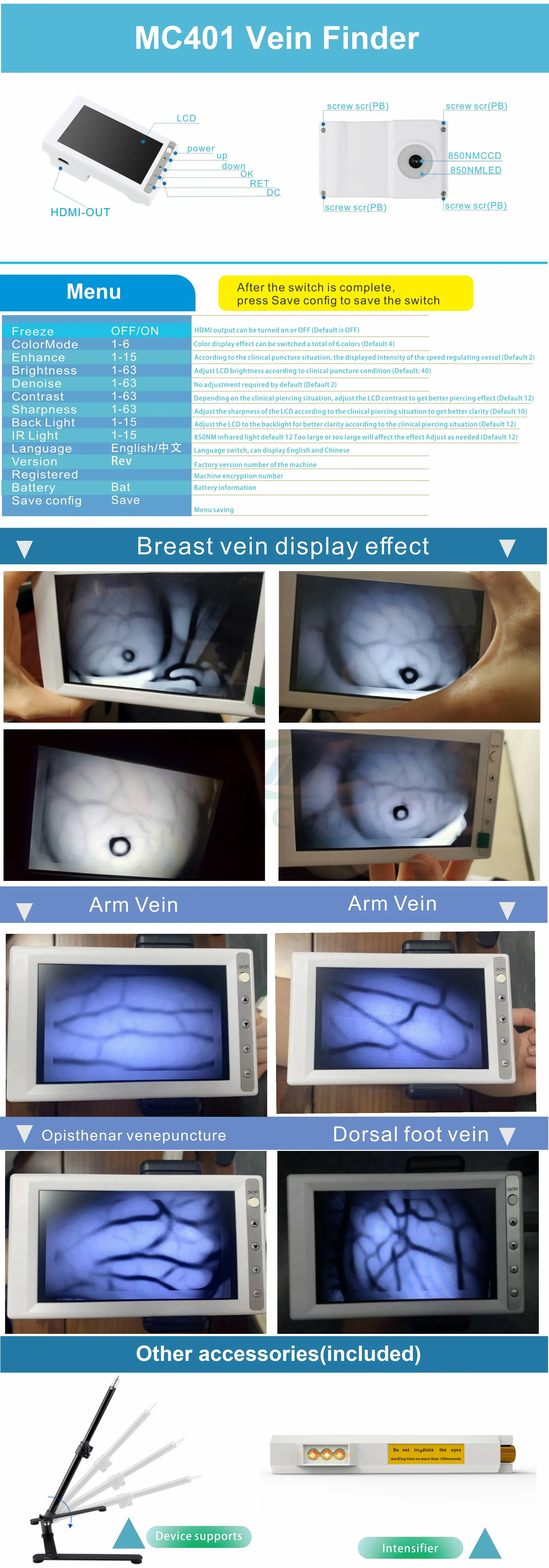

SZMIQU Factory new generation 6 image colors big LCD display portable vein finder viewer