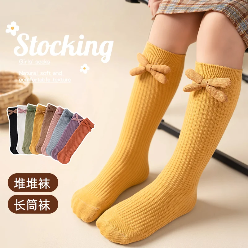 Sweet Girls Spring Fairy Knee High Socks Trendy Dopamine Vivid Color Palette Delicate Thin Strip Skeleton Bow Ornament Stockings