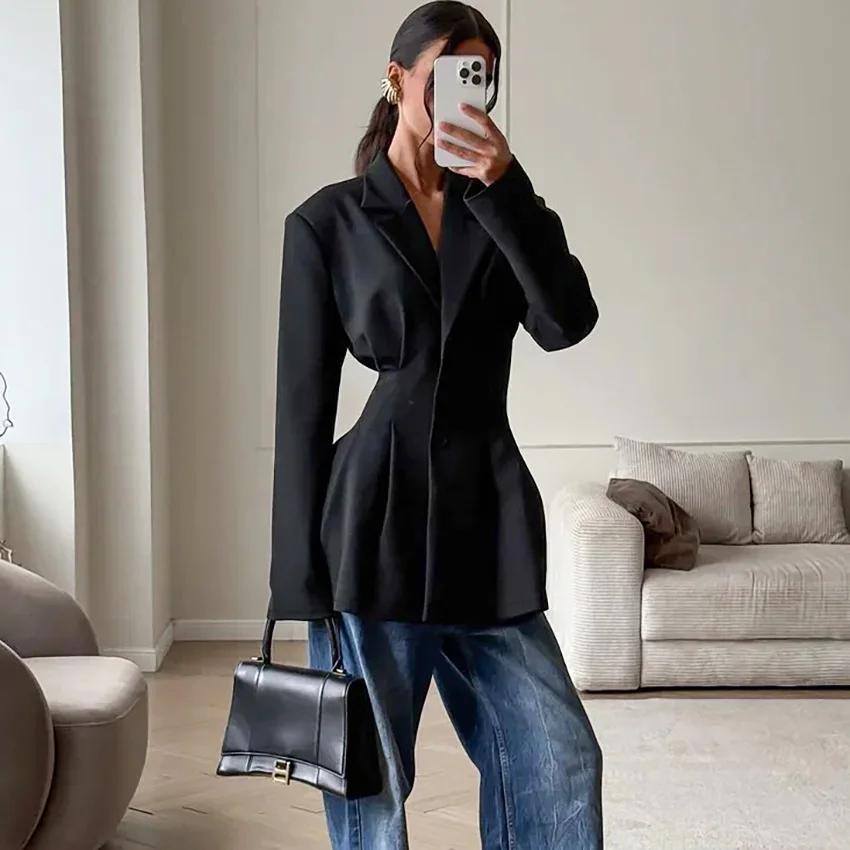 

Women's High-End Luxury Black Blazer - Structured Fabric Cinched Waist Ruched Detail Mid-Length Long Sleeve Office Casual Coat
