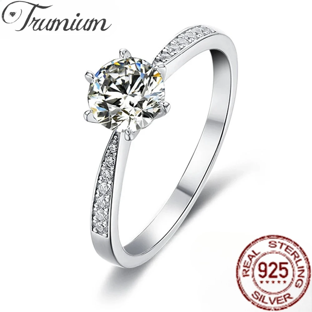 Trumium 0.5/1/2 Carat Moissanite Round Classic Engagement Ring with 925 Sterling Silver for Women Wedding Jewelry Lab Diamond