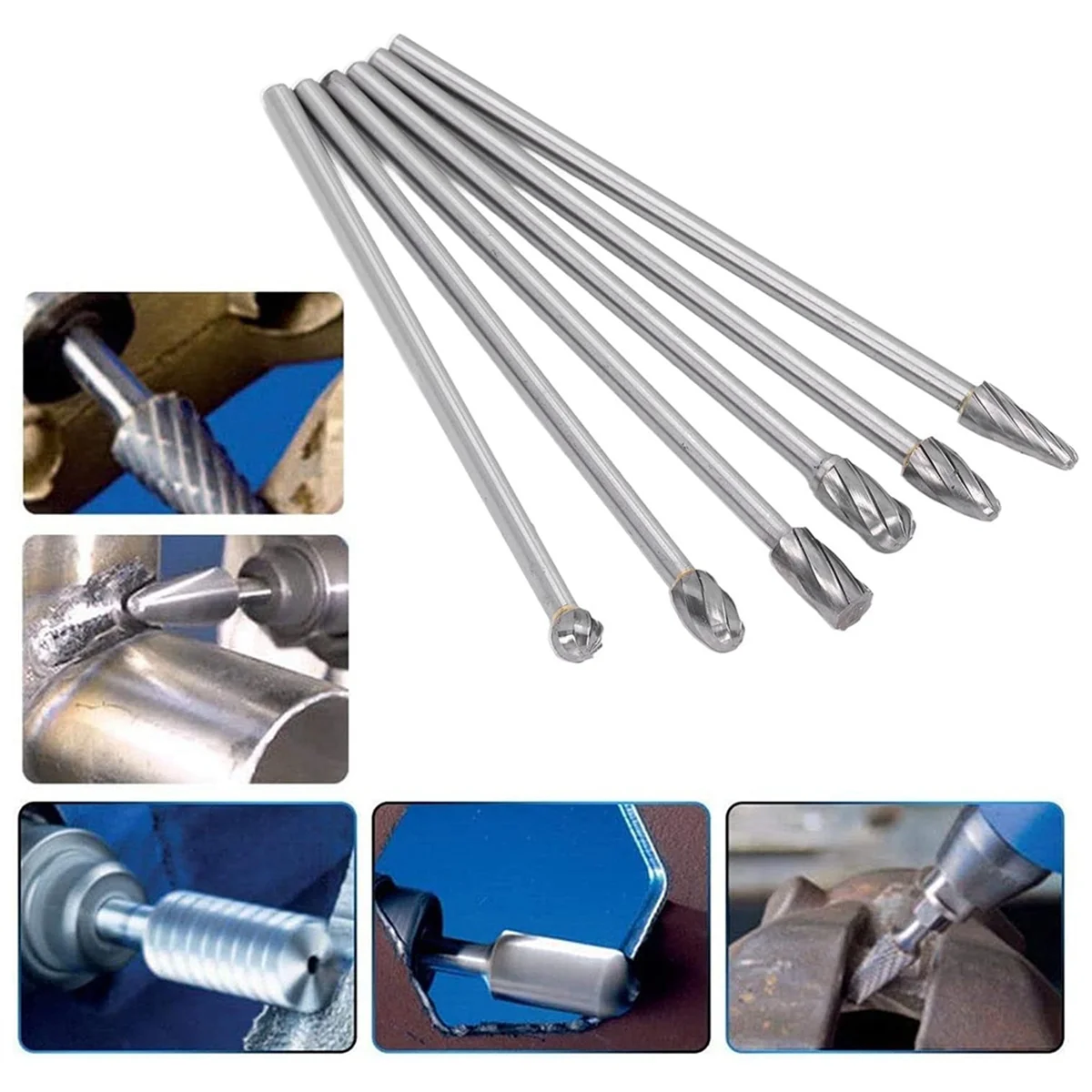 6pcs Tungsten Carbide Burrs Set, Cylinder- Porting Kit, Solid Rotate Grinding Tools for Woodworking Drilling Carving