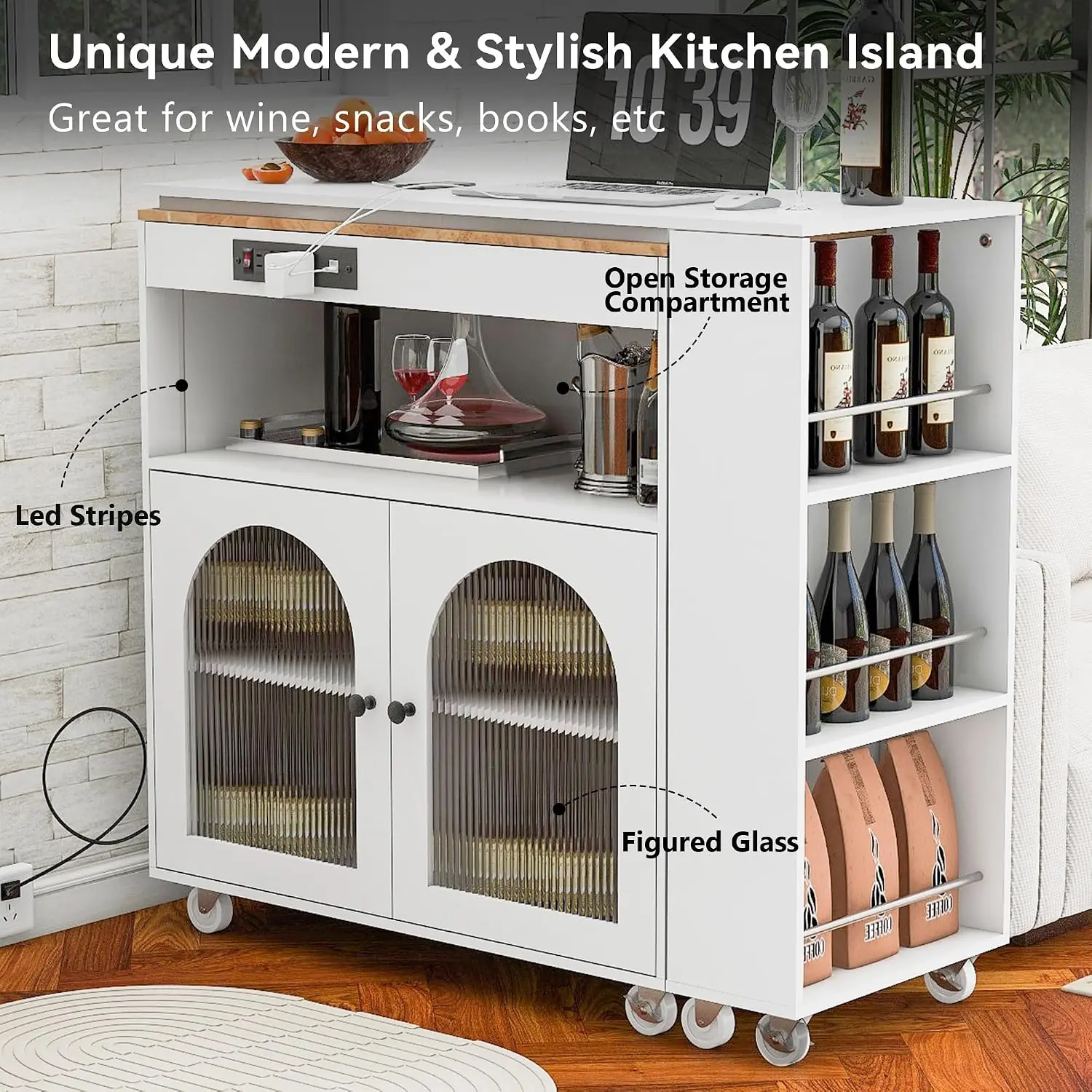 Rolling Kitchen Island Cart with Extended Table LED Lights Power Outlets Glass Door Storage Shelf White Customized image 3