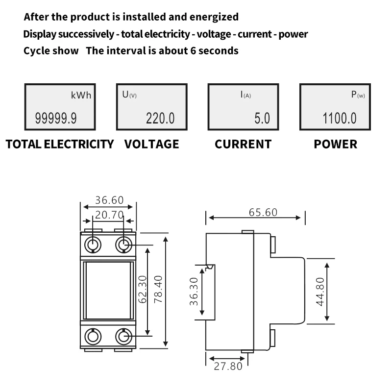 Voltage Current Power Consumption Meter Wattmeter Electricity 220V AC Single-Phase KWH Meter 80A