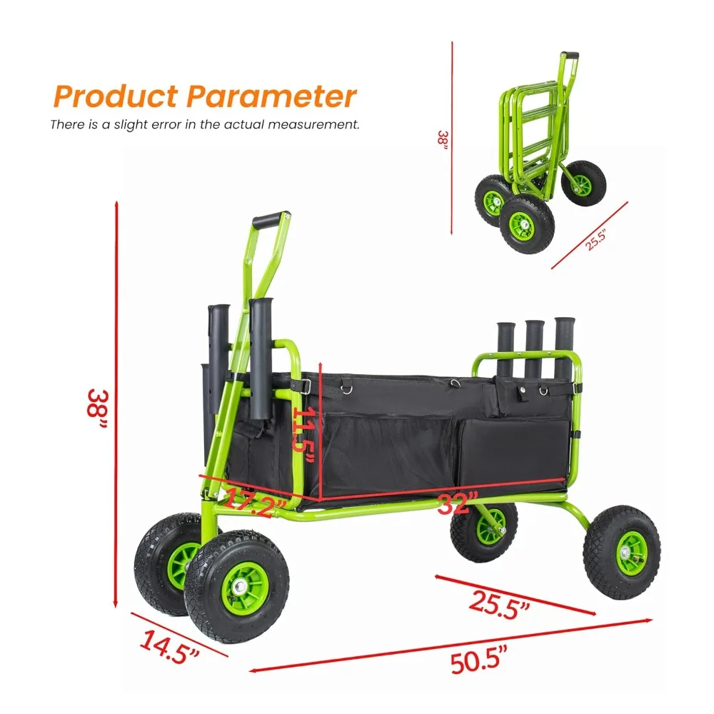 Fishing Cart Beach Cart Collapsible Wagon with 9.85'' Wheels, Heavy Duty Garden Cart with Rod Holders, Umbrella, Customized