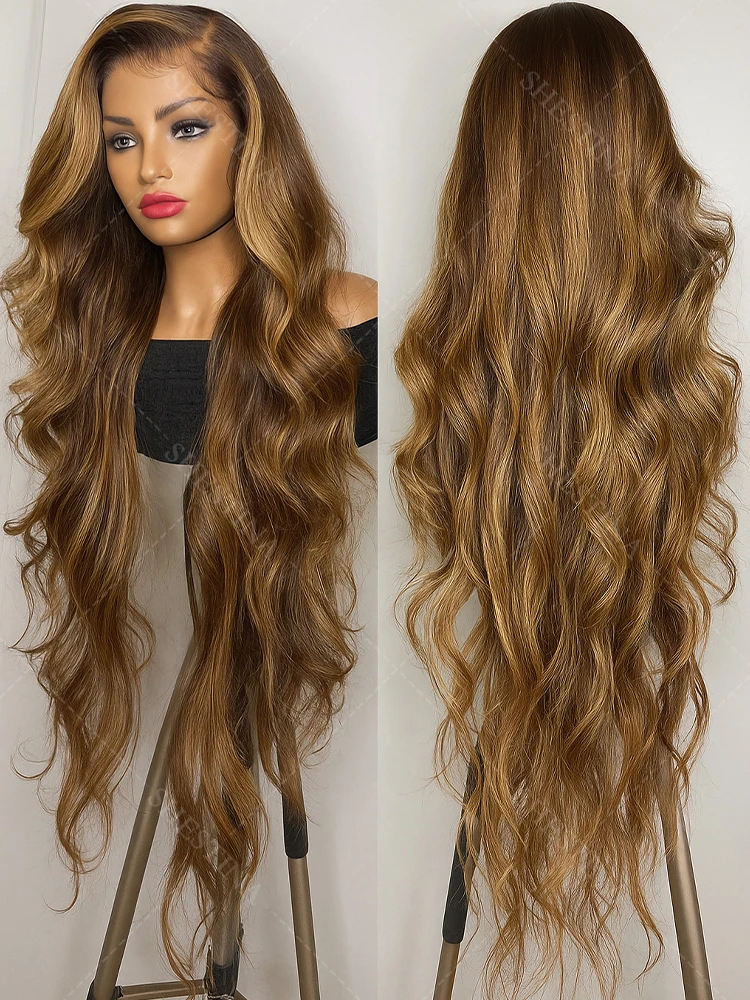 

4/27 Brown Mix Blonde Highlight Wigs Human Hair Ombre Lace Front Wig Body Wave 13X4 Lace Frontal Wig Pre Plucked Bleached Knots