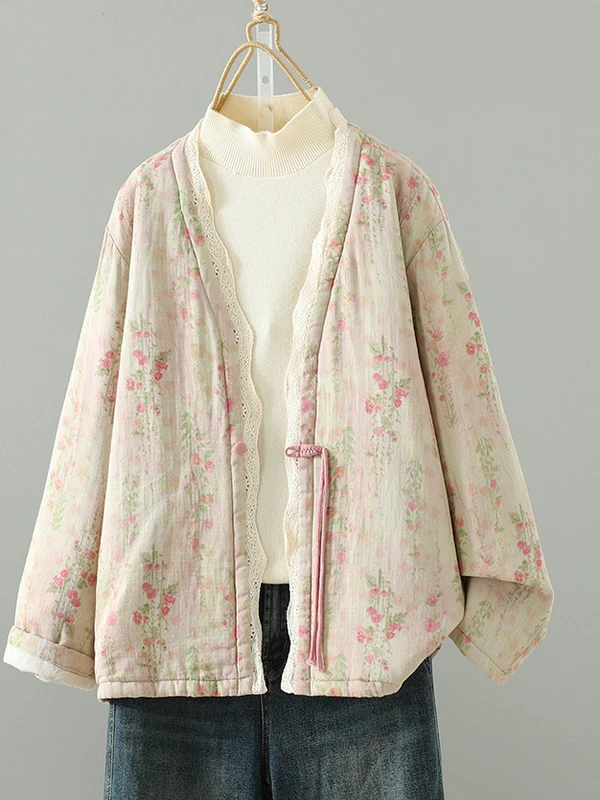 

Хлопковая куртка с кружевной отделкой в стиле ретро, новинка осени и зимы, Thiened Long Sve Commuter, свободная посадка на одной пуговице