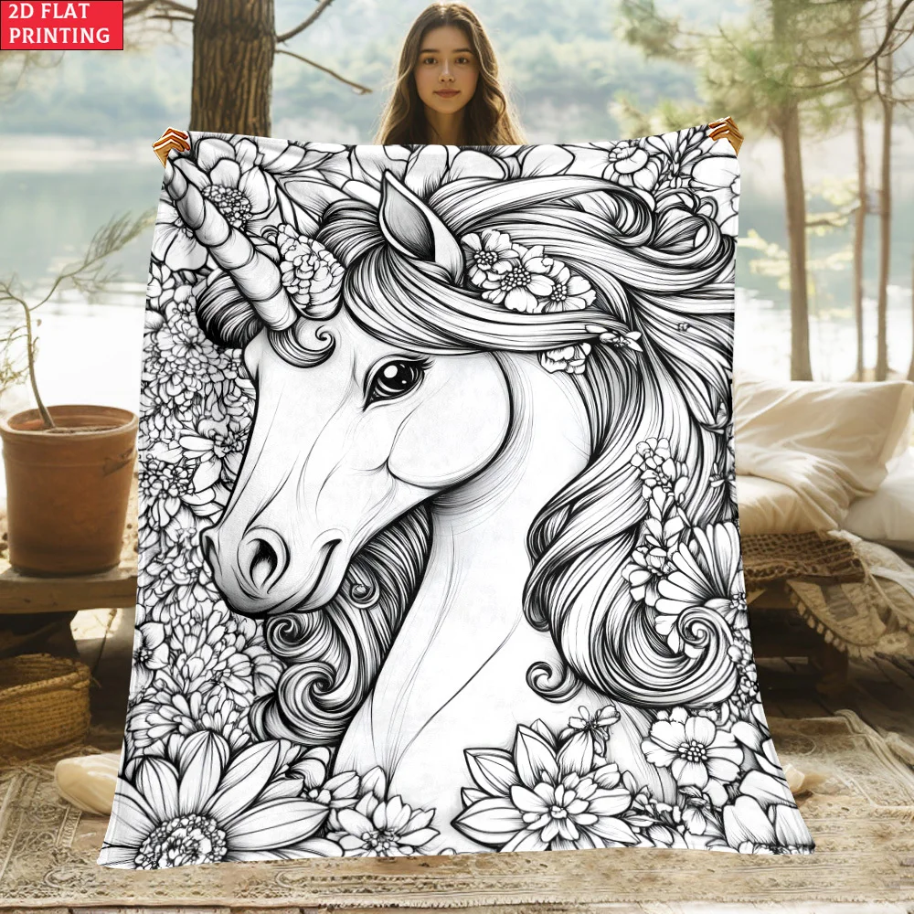 Magical Unicorn Floral Sketch Throw Blanket Boho Aesthetic Tapestry Decorative Cozy Home Decor Gift
