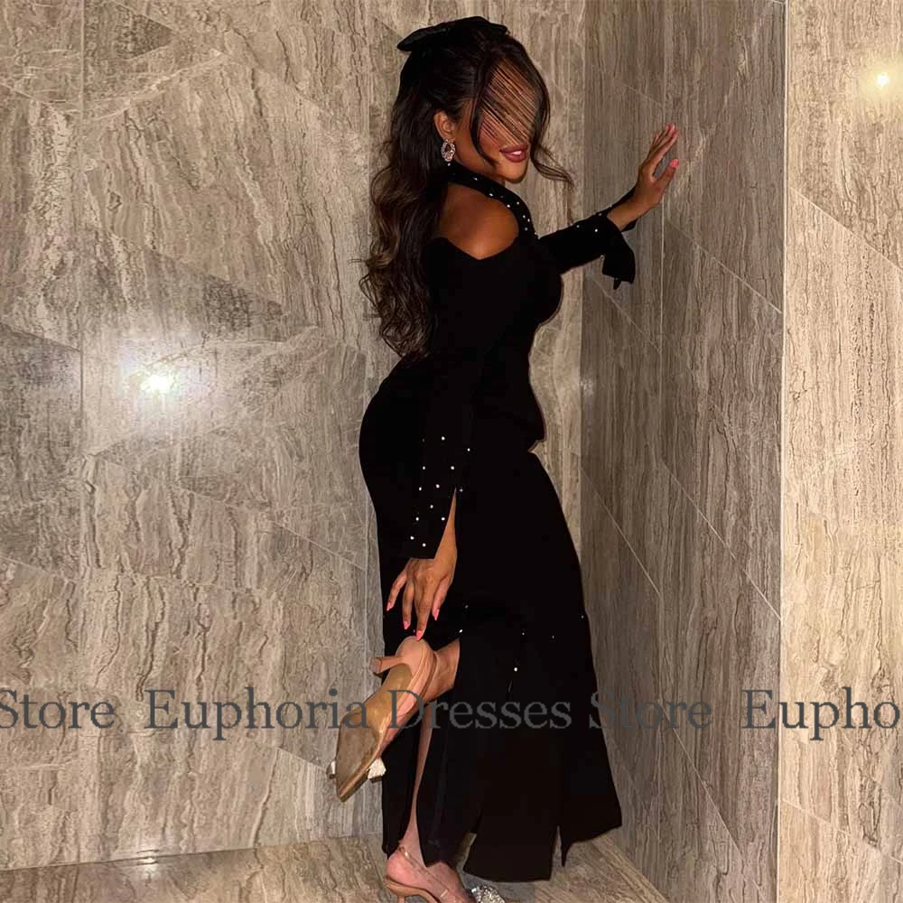 فساتين لحفلات الكوكتيل النسائية الرسمية 2025 جيرسي حورية البحر/البوق فستان عيد ميلاد أسود رسن لؤلؤ شرابة سبليت فستان حفلة موسيقية ميدي