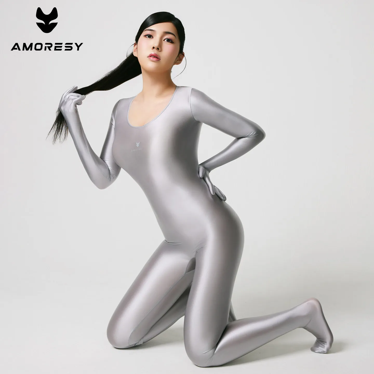 AMORESY Women Satin Oil Gloved and Footed Design Full-Body Catsuit One Piece Jumpsuit Round Neck Tights Cosplay Zentai Bodysuit view 3