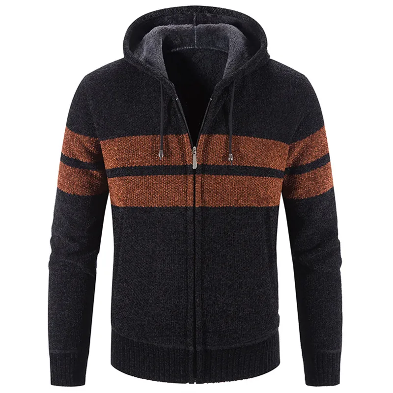 Cardigan Men Hooded Fleece Sweater Outwear Winter Warm Sweatercoat Men Casual Stripe Hooded Cardigan Mens Knitted Sweater Coats