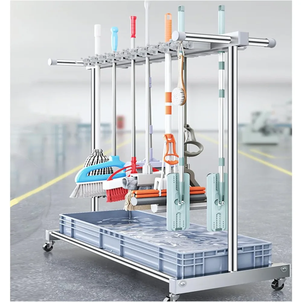 مكنسة وممسحة محمولة، منظم مستلزمات التنظيف، عربة التدبير المنزلي بعجلات عالمية ورف تصريف الممسحة #1