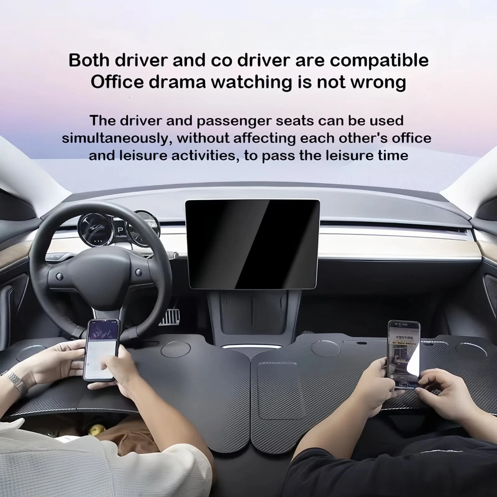 For Tesla Model 3/Y/YL 2017-2026 Carbon Fiber Steering Wheel Tray – Foldable Car Desk Portable Laptop Stand Office Table view 4