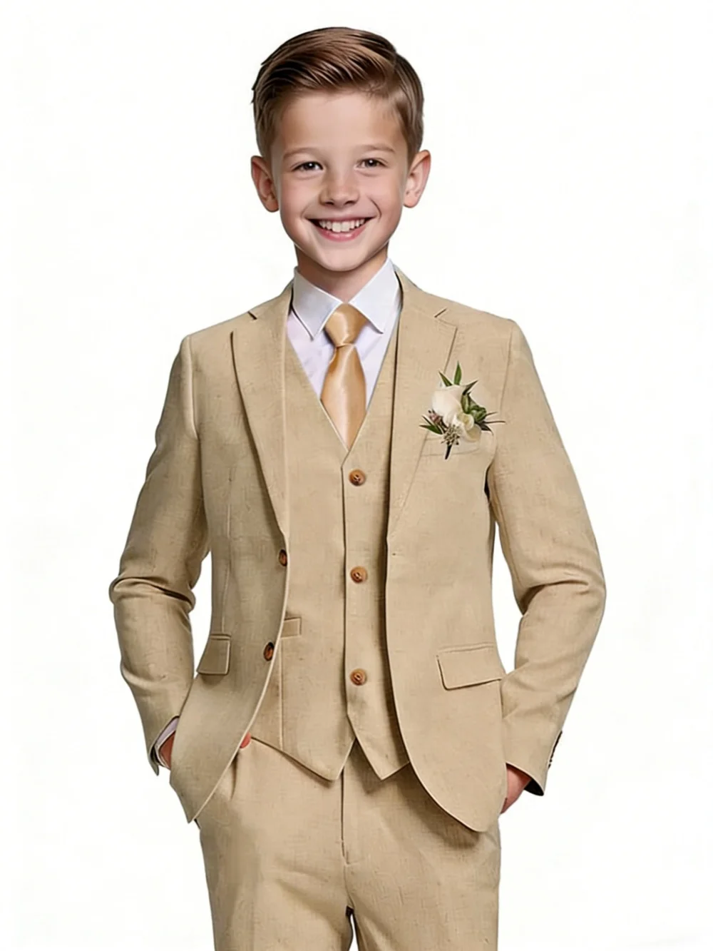 Txjojn Boys Linen Suits 3 Pieces Summer Wedding Wear Notched Lapel Formal Suit Set For Stage Performance Casual Tuxedo 2-20T