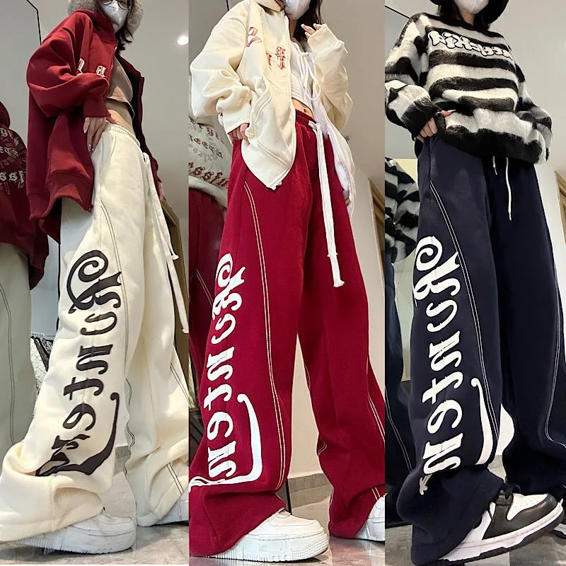 Pantalones de pierna recta informales de diseño Retro americano para mujer, pantalones sueltos gruesos de otoño, pantalones deportivos de calle alta