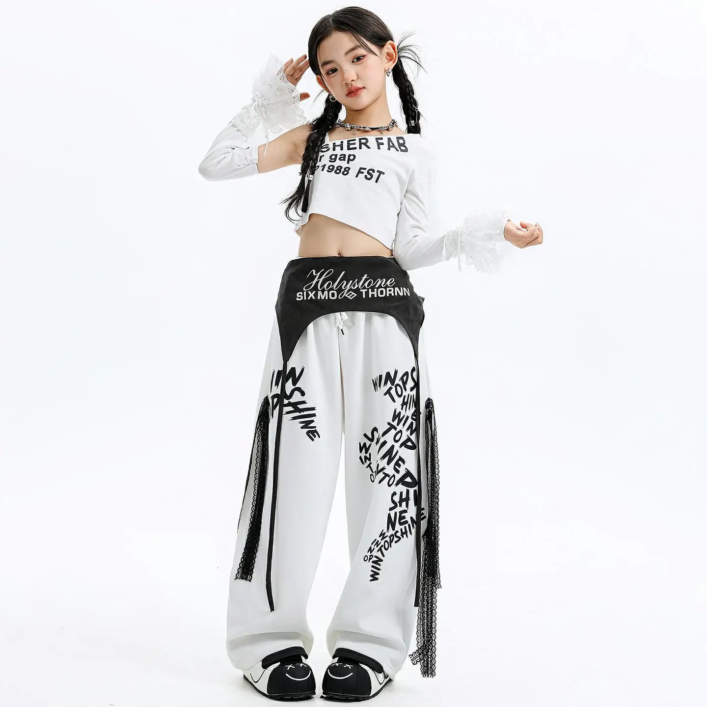 키즈 케이팝 힙합 의류 화이트 원숄더 크롭탑 티셔츠 스트릿 레터 스트랩 스웨트 팬츠 소녀 댄스 의상