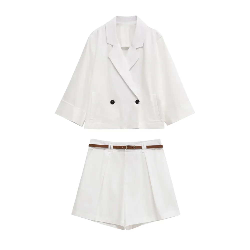 KONDALA-Conjunto blanco de viaje para mujer, chaqueta con doble botonadura, pantalones cortos con cinturón, moda de verano y otoño, conjunto de pantalones cortos informales para oficina para mujer 2025