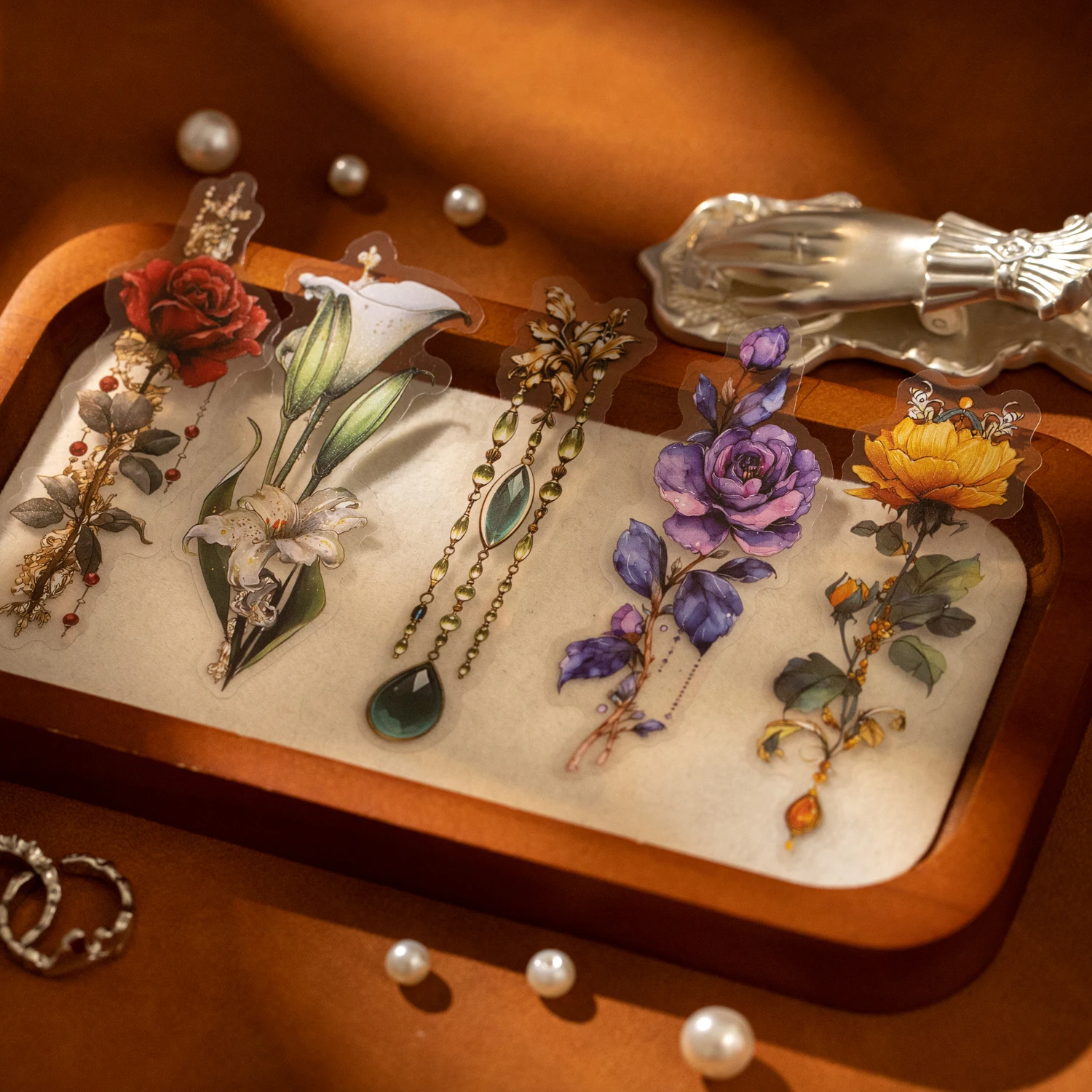 Floral Bead Qrnaments Series Vintage Flower Jewelry Landscape PET Sticker Creative DIY Journal Material Collage Stationery