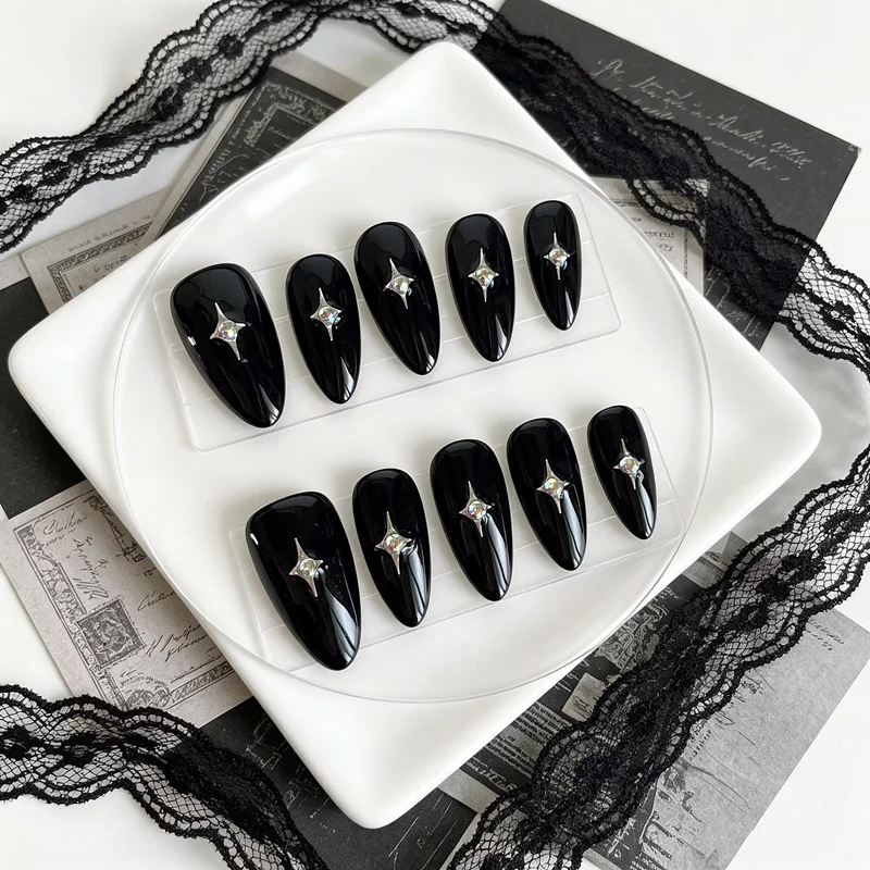 10pcs Black Almond Press on Nails Handmade Acrylic Fake Nails Milky Way Stars Short Wearable False Nails Decoration Finger Tips