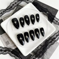 10pcs Black Almond Press on Nails Handmade Acrylic Fake Nails Milky Way Stars Short Wearable False Nails Decoration Finger Tips