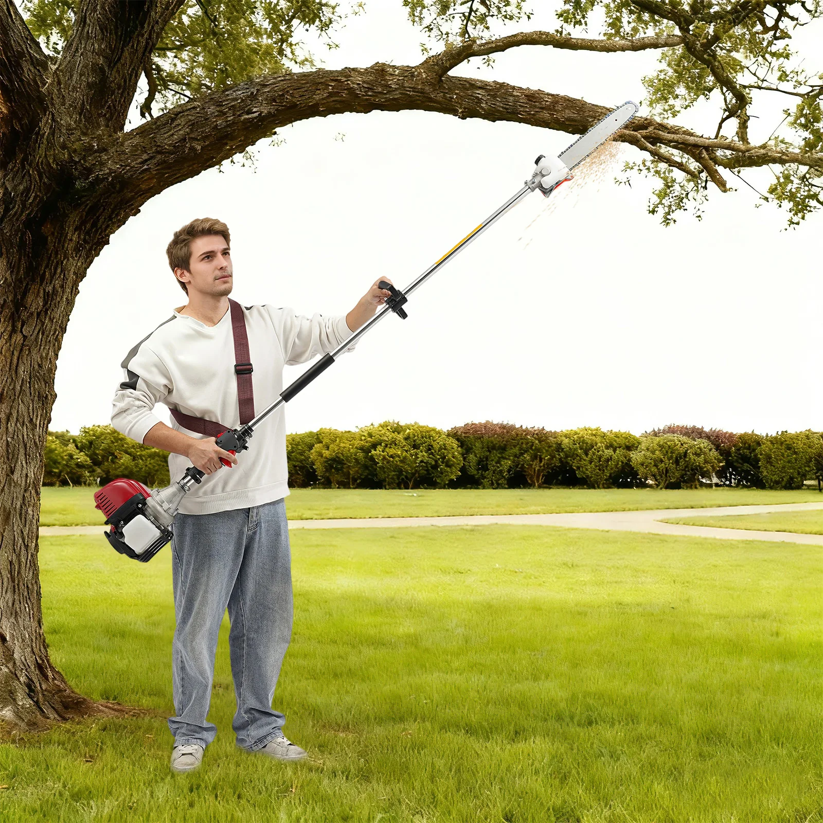 

Бензиновая высоторезная пила 90,55 дюймов – 4-тактный двигатель 37,7 куб. см, удлинительная штанга 1,5 м и направляющая шина 12 дюймов, противоскользящая рукоятка и насадка-втулка для сада