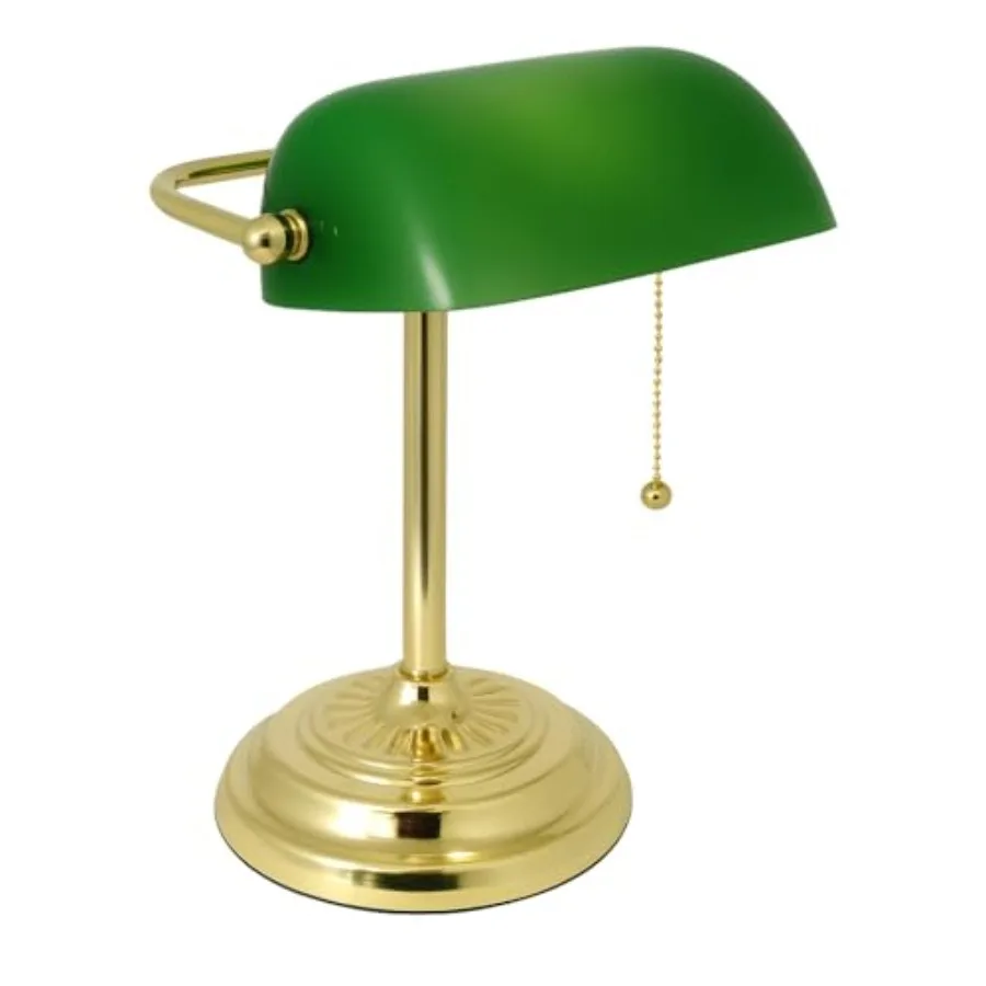 Traditional Banker's Desk Lamp with Glass Shade and Brass Base Classic Desk Lamp with Pull Chain, Office Lighting, Vintage Styl