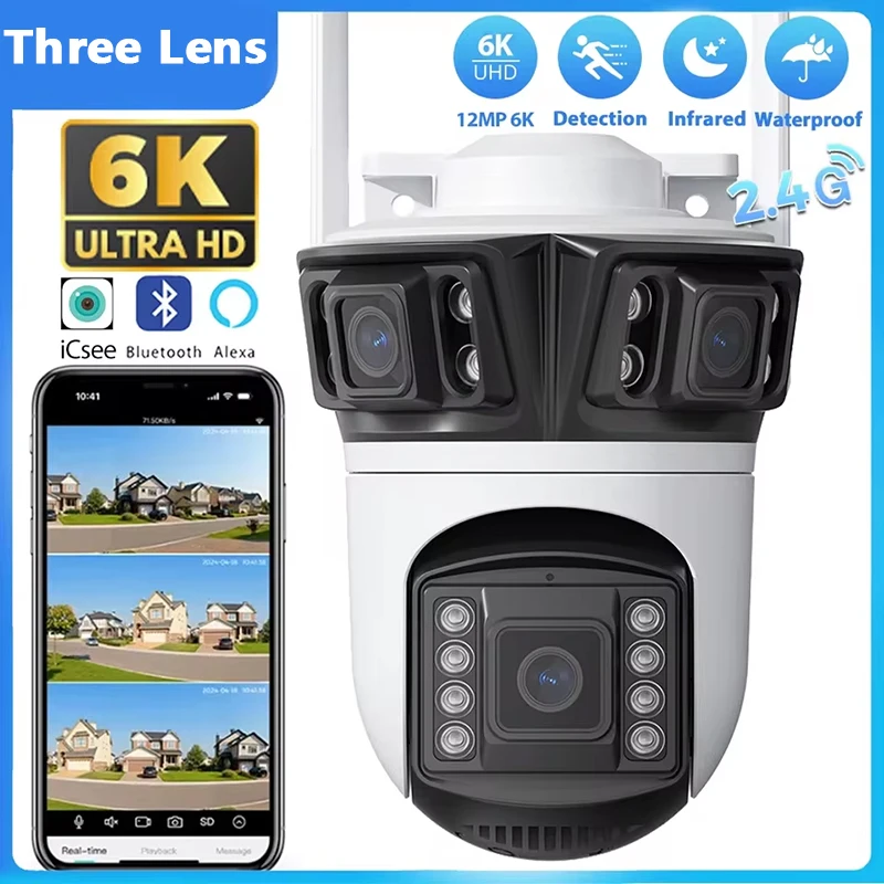 

12MP Outdoors Wifi Camera 6K HD Three Lens Security PTZ IP Surveillanc Camera Human Auto Detect Tracking CCTV Camera ICESS APP