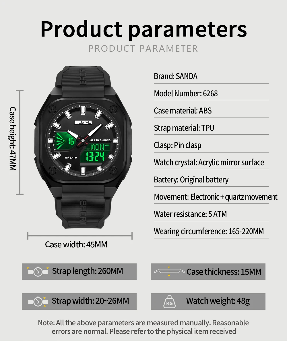 SANDA 6268 спортивные электронные часы мужские многофункциональные уличные студенческие наручные часы будильник водонепроницаемые светящиеся цифровые часы