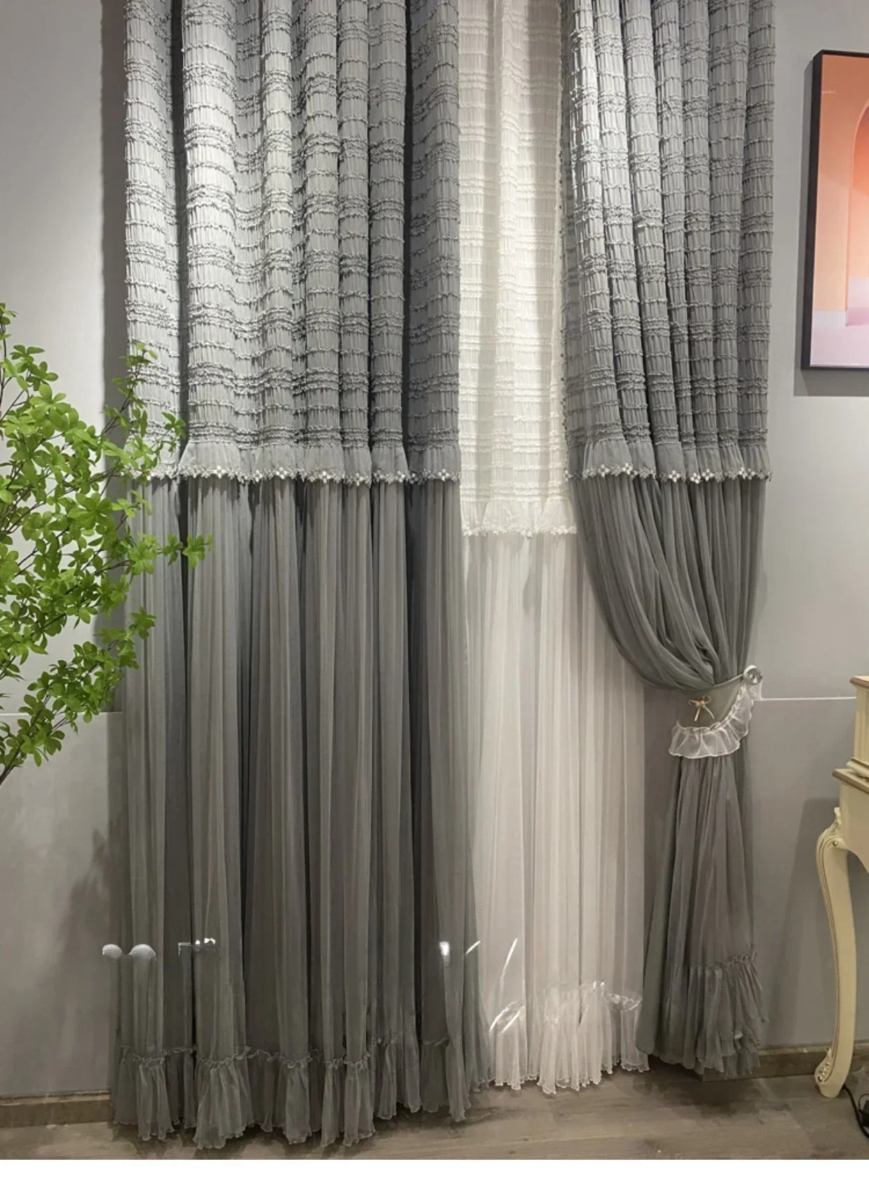 

Gray ModernLuxury Curtains Blackout New Window Korean Lace Princess Style Customization Curtains for Living Dining Room Bedroom