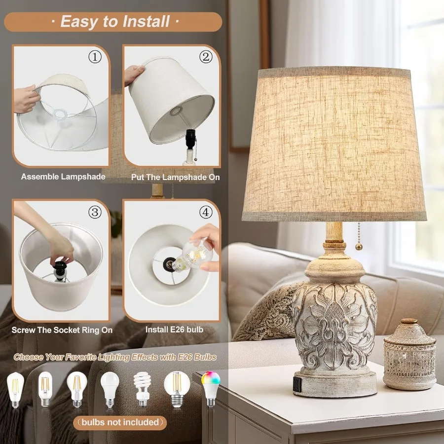 Lampada da tavolo rustica vintage da 19,5 pollici, set di 2 lampade da tavolo in fattoria per l'arredamento della camera da letto del soggiorno con porte USB tradizionali intagliate